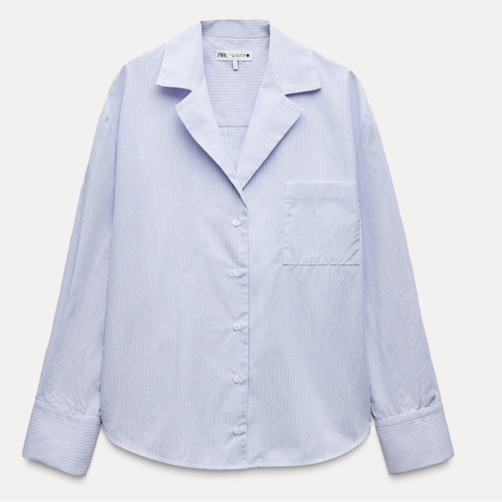 Zara into the classics blue pinstripe cotton long sleeve button down shirt XS